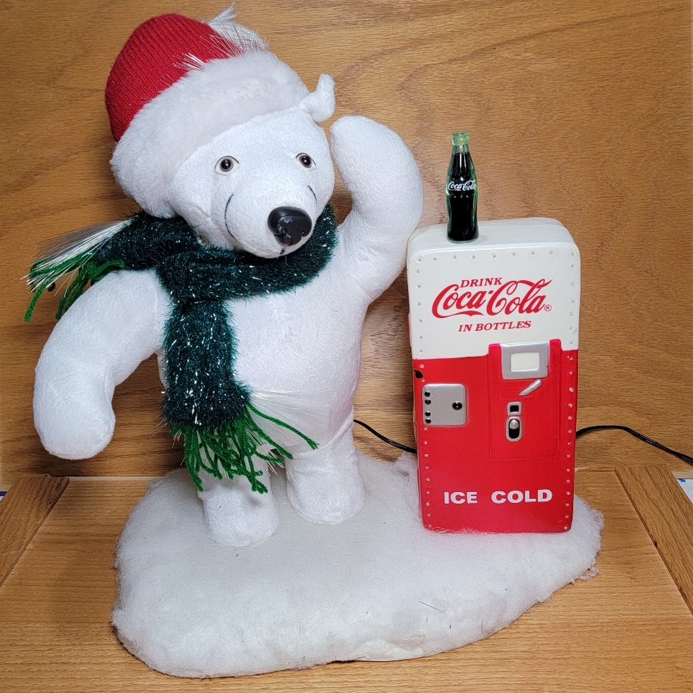 Vintage Coca-Cola Fiber Optic Polar Bear with Coke Soda Machine Christmas Decor.